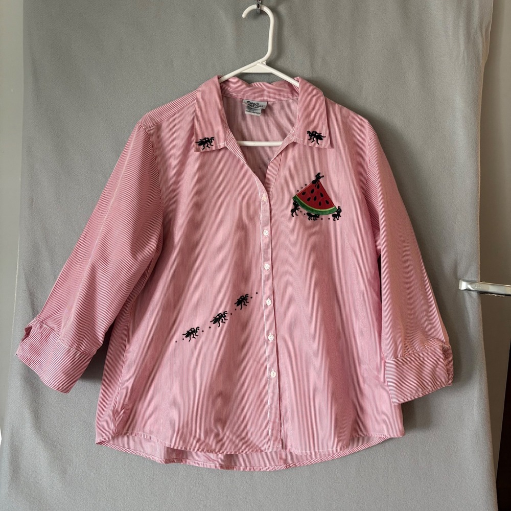 Isaac's Designs Quirky Red White Pinstripe Ant Watermelon Embroidered Shirt L